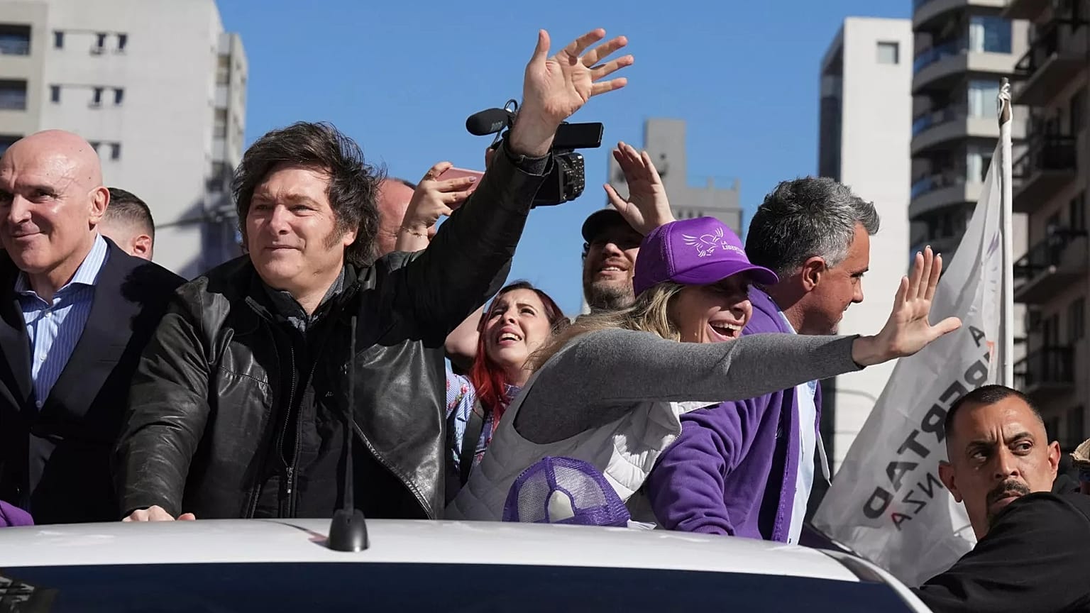 Argentine President Javier Milei and his sister, Secretary General of the Presidency, Karina Milei attend a campaign rally, 28 August 2025