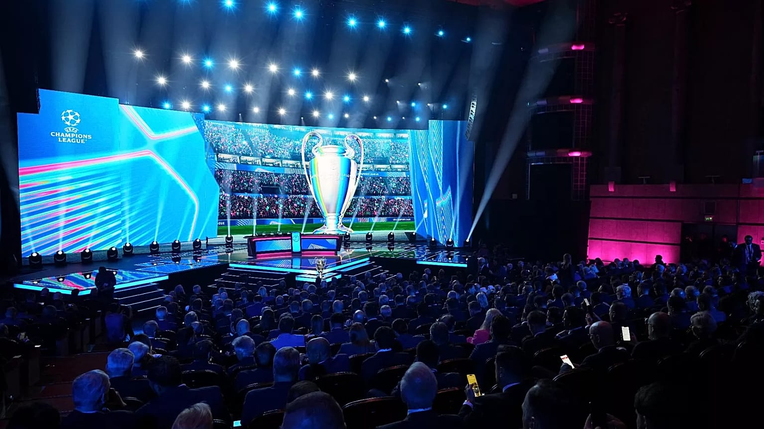 The stage is illuminated during the Champions League football league phase draw in Monaco, 28 August, 2025