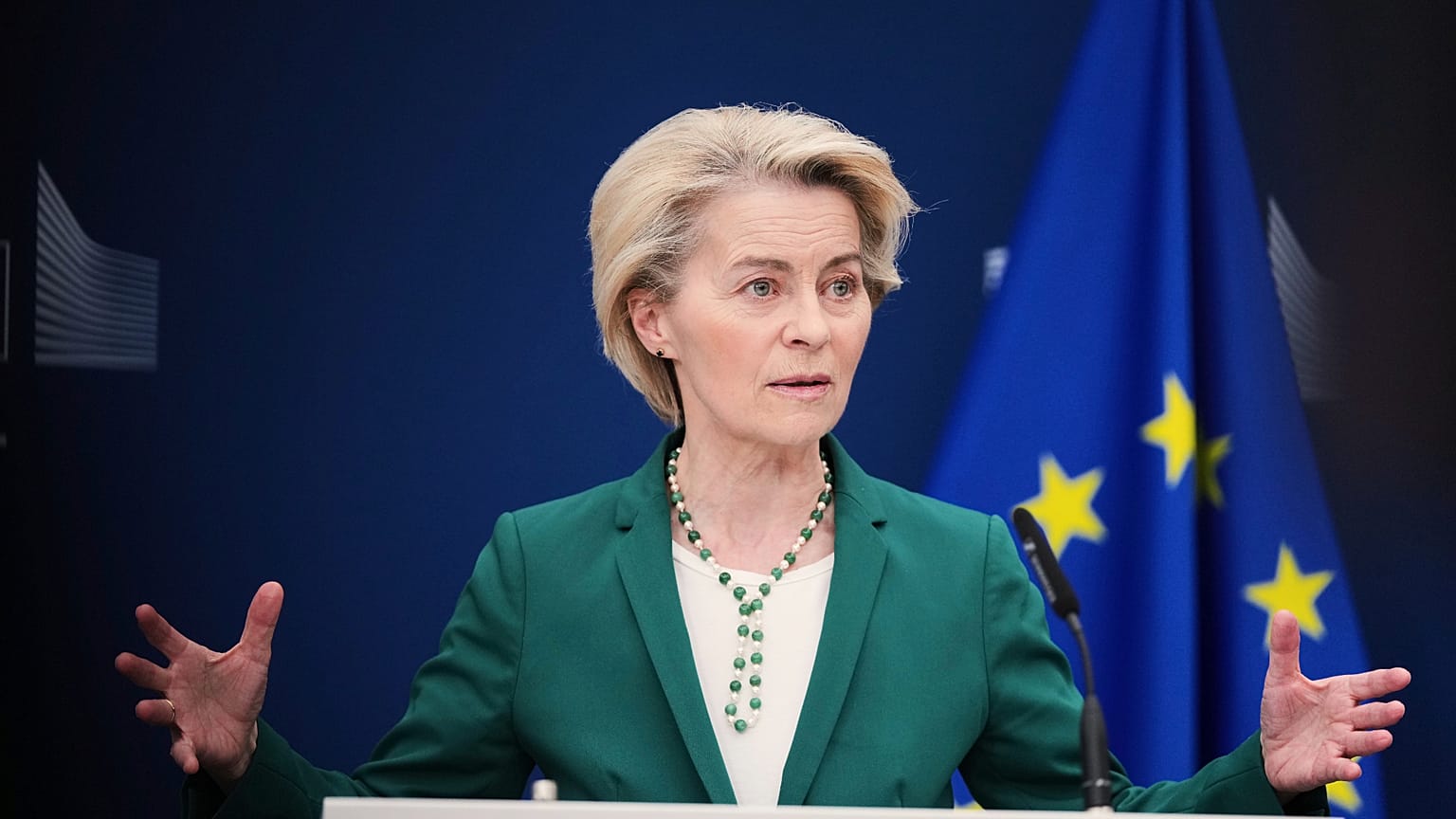 European Commission President Ursula von der Leyen addresses journalists during a media conference at EU headquarters in Brussels, Monday, April 7, 2025.