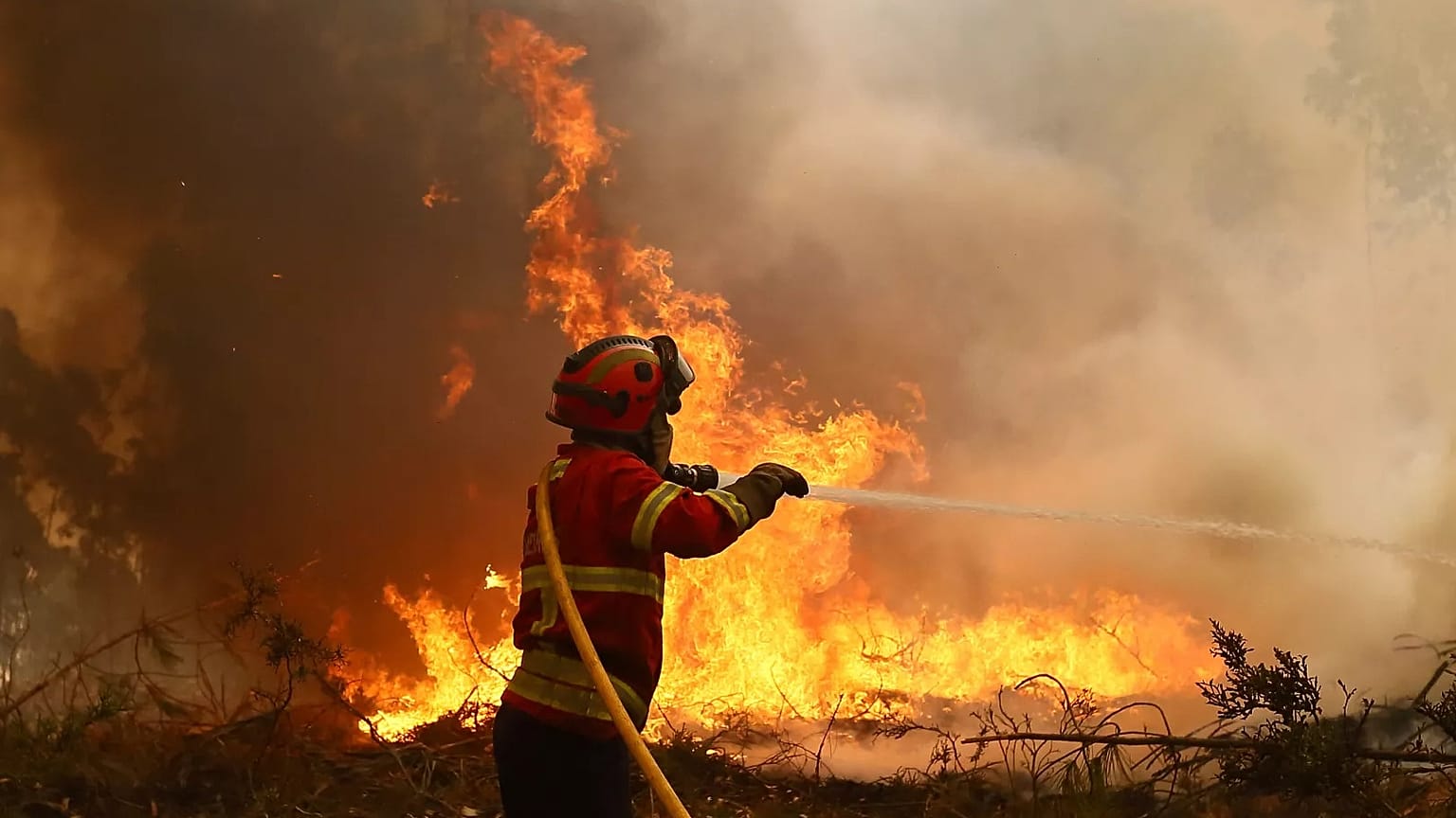 A firefighter works to extinguish a fire on the outskirts of Sever do Vouga, 18 September, 2024