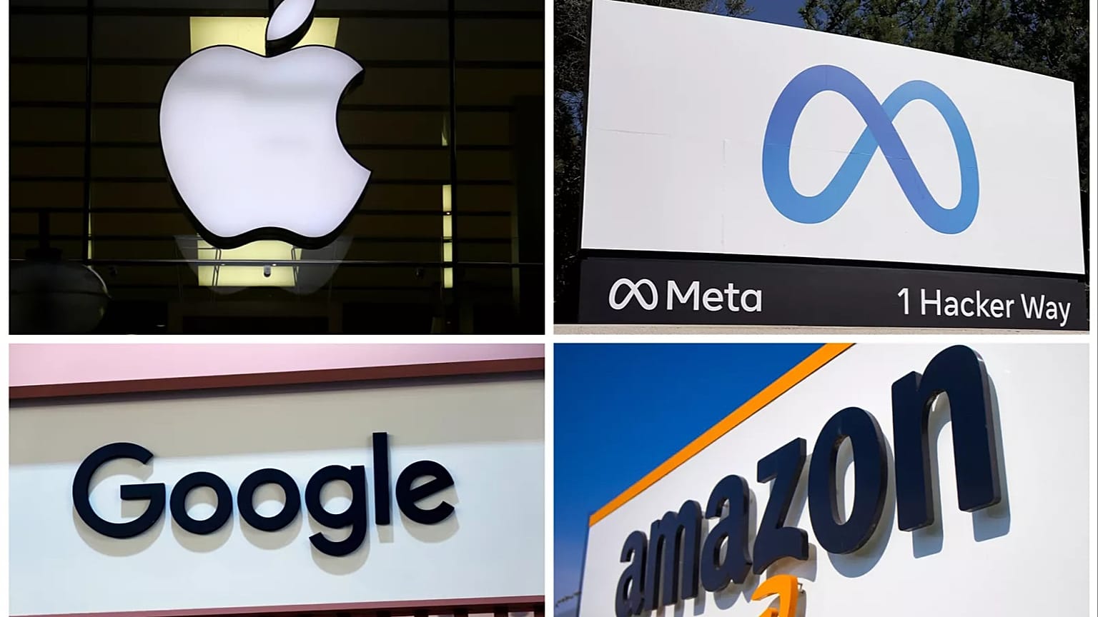 This photo combo of images shows logos for Apple, Meta, Google and Amazon. The House on Thursday, Sept. 29, 2022, approved sharply scaled-down legislation targeting the domina