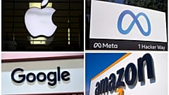 This photo combo of images shows logos for Apple, Meta, Google and Amazon. The House on Thursday, Sept. 29, 2022, approved sharply scaled-down legislation targeting the domina