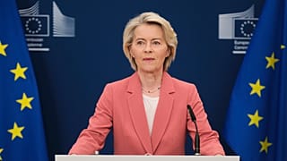 European Commission President Ursula von der Leyen delivers a media statement at EU headquarters in Brussels, Belgium, Thursday, Aug. 28, 2025.