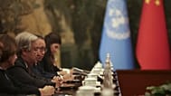 U.N. Secretary General Antonio Guterres speaks during a bilateral meeting with China's President Xi Jinping, ahead of the Shanghai Cooperation Organization (SCO) Summit in Tia