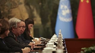 U.N. Secretary General Antonio Guterres speaks during a bilateral meeting with China's President Xi Jinping, ahead of the Shanghai Cooperation Organization (SCO) Summit in Tia