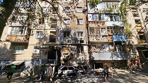 Destruction to a building following an overnight Russian drone attack on Kherson, uploaded by Governor Oleksandr Prokudin via Telegram on Sunday, 31 August 2025.
