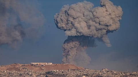 Smoke rises to the sky following an Israeli military strike in the northern Gaza Strip, as seen from southern Israel, Sunday, Aug. 31, 2025. 