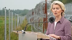 European Commission President Ursula von der Leyen delivers a statement to the media during their visit to the Polish-Belarus border, in Krynki, 31 August 2025