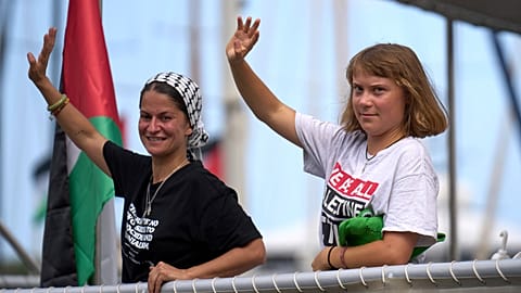 A civilian flotilla bound for Gaza, aiming to break the Israeli blockade and deliver humanitarian aid, in Barcelona, Spain, Sunday, Aug. 31, 2025. 