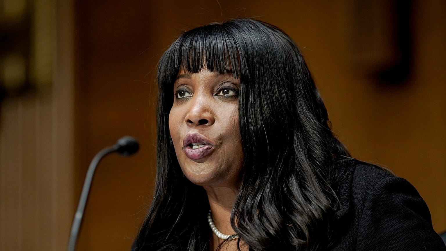 Lisa Cook, nominee to be a member of the Federal Reserve Board of Governors, speaks during a senate confirmation hearing in Washington. February 2022.