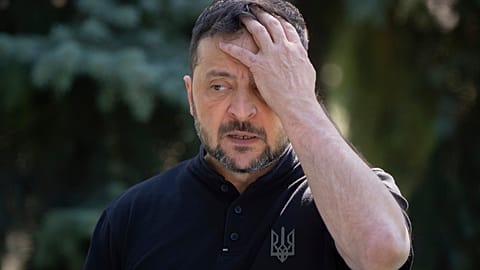 Ukrainian President Volodymyr Zelenskyy reacts during his press conference in Kyiv, Ukraine, Friday, Aug. 29, 2025. (AP Photo/Efrem Lukatsky)