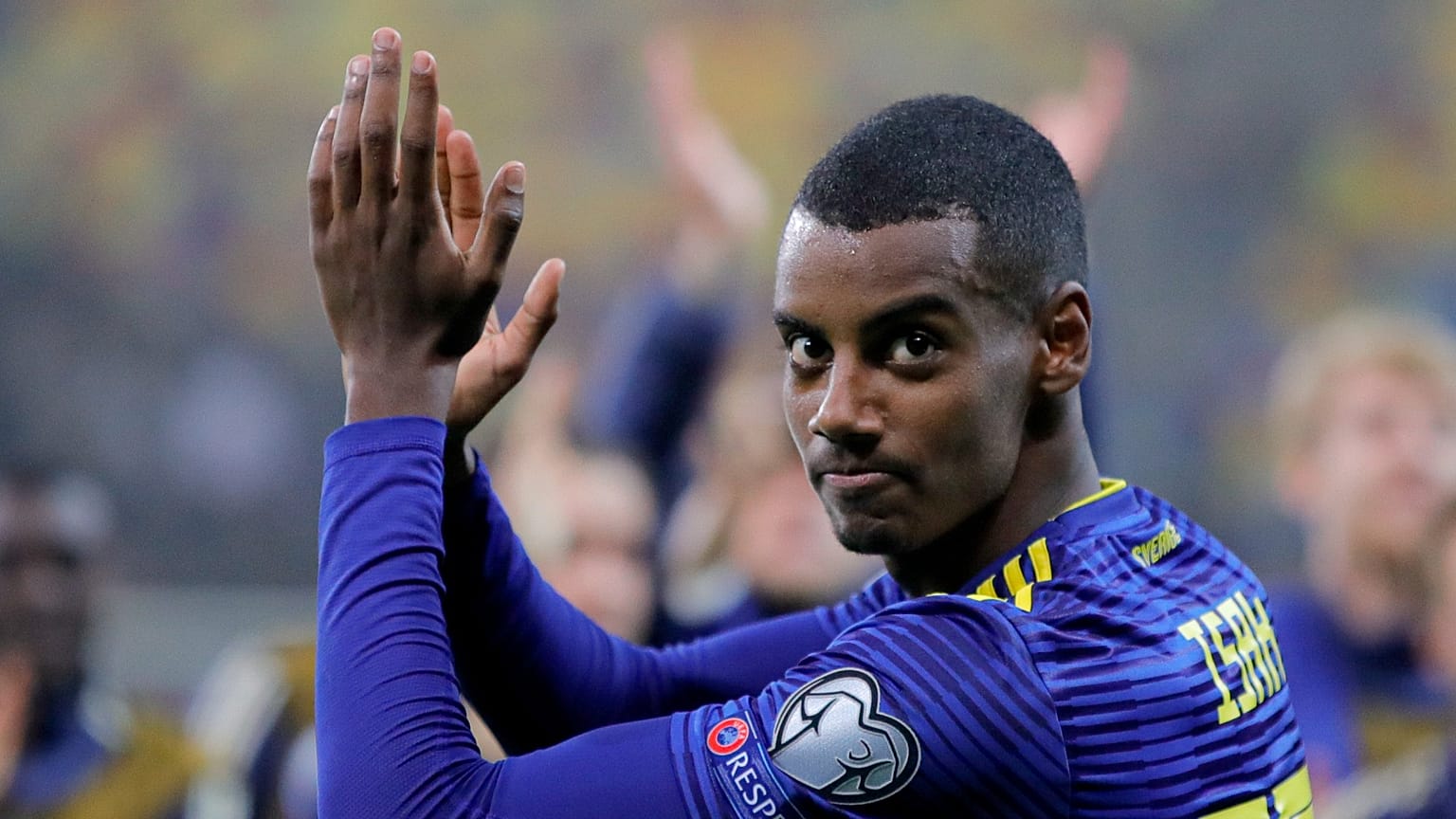 Sweden's Alexander Isak celebrates after the Euro 2020 group F qualifying soccer match between Romania and Sweden on the National Arena stadium in Bucharest, Nov 19.