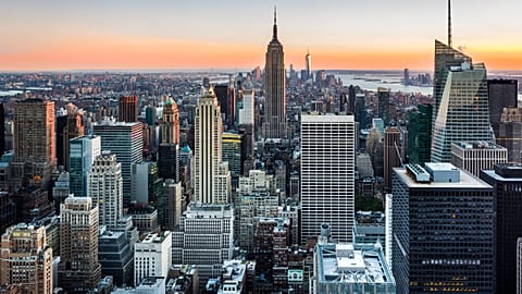 New York City skyline at sunset