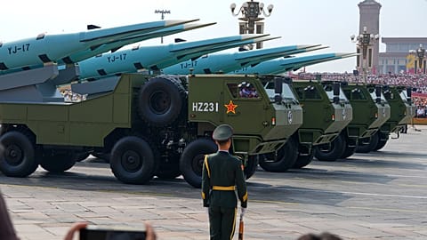 YJ-17, hypersonic anti-ship missiles, pass during a military parade to commemorate the 80th anniversary of Japan's World War II surrender held in front of Tiananmen Gate.