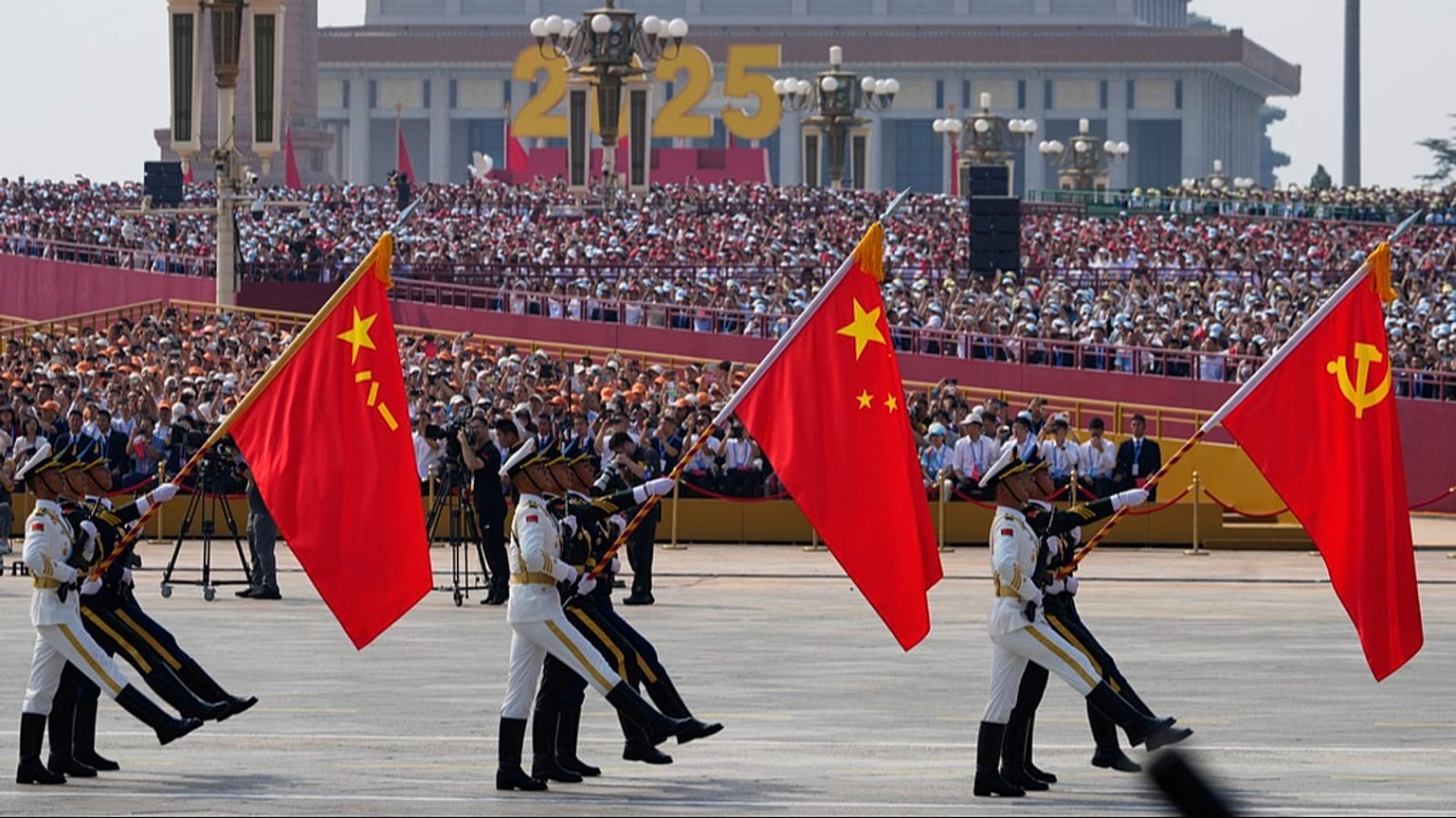 Military personnel take part in a military parade to mark the 80th anniversary of the end of WWII, held in front of Tiananmen Gate in Beijing, Wednesday, Sept. 3, 2025