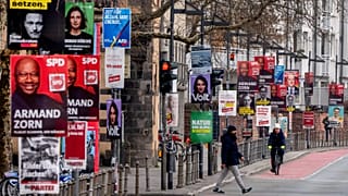 Election posters of various parties are fixed at lamp poles in central Frankfurt, 20 February 2025