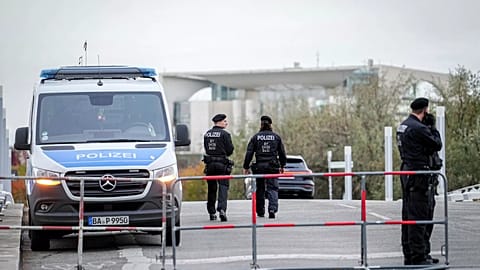 Police officers secure the government district and the entrance to the Federal Chancellery in Berlin, 11 October, 2024