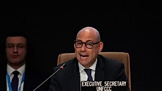 Simon Stiell, United Nations climate chief, speaks during a closing plenary session at the COP29 climate summit in 2024.