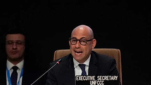 Simon Stiell, United Nations climate chief, speaks during a closing plenary session at the COP29 climate summit in 2024.