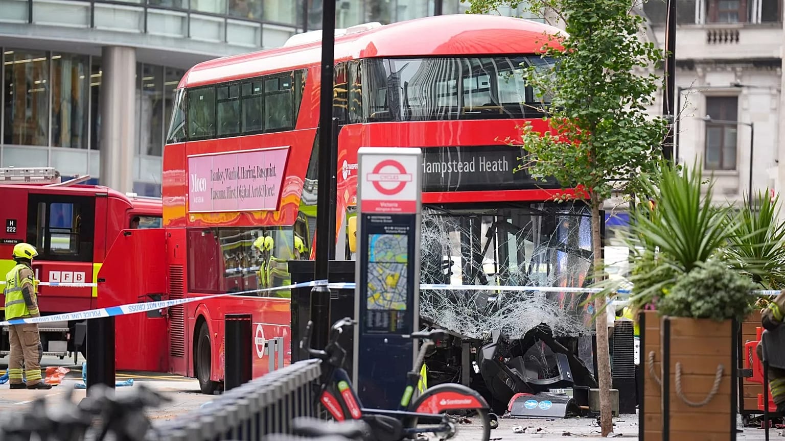 Emergency services at the scene on Allington Street following an accident involving a double-decker bus, 4 September, 2025