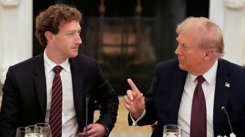 President Donald Trump speaks as Facebook CEO Mark Zuckerberg listens during a dinner in the State Dinning Room of the White House, Thursday, Sept. 4, 2025, in Washington.