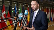 Belgium's Foreign Minister Maxime Prevot speaks with the media as he arrives for a meeting of EU foreign ministers