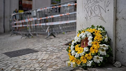 Flowers at the site where a tourist streetcar derailed and crashed in Lisbon, 5 September, 2025
