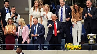 President Donald Trump, center, attends the US Open tennis men's singles final Sunday, Sept. 7, 2025, in Flushing Meadows (AP Photo/Manuel Balce Ceneta)