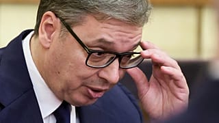 Serbian President Aleksandar Vucic attends the talks with Russian President Vladimir Putin at Diaoyutai State Guesthouse in Beijing, China, Tuesday, Sept. 2, 2025. (Alexander 