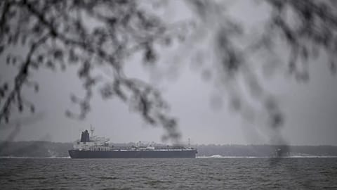FILE – The oil tanker Eagle S, suspected of the disruption of the Finland-Estonia power cable Estlink-2, is anchored near the port of Kilpilahti in Porvoo, Jan. 7, 2025
