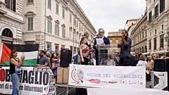 Ein Sit-in italienischer Journalistenorganisationen in Rom am Dienstag, den neunten September zweitausendfünfundzwanzig, um gegen die Morde zu protestieren und Zugang zu Gaza zu fordern.