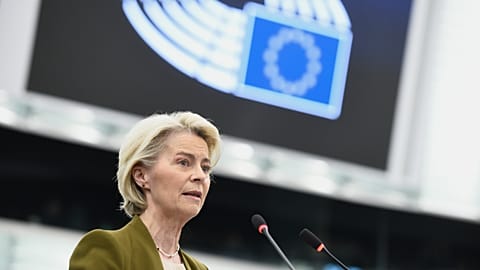 European Commission President Ursula von der Leyen gestures as she delivers a major state of the union speech at the EU Parliament in Strasbourg, eastern France, Sept 10, 2025