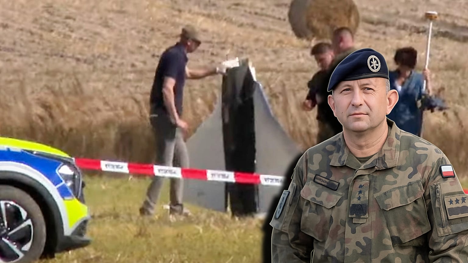 Policja i żandarmeria wojskowa zabezpieczają części uszkodzonego obiektu zestrzelonego w miejscowości Wohyń. Gen Gromadzińśki mówi, że Polska zdała egzamin.