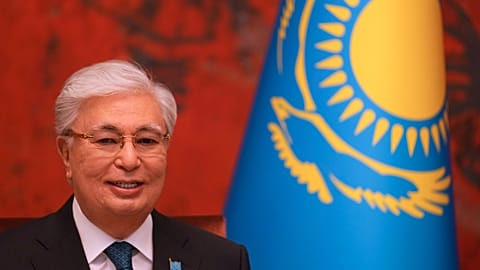 FILE: Kazakhstan’s President Kassym-Jomart Tokayev smiles during talks in Belgrade, 19 November 2024