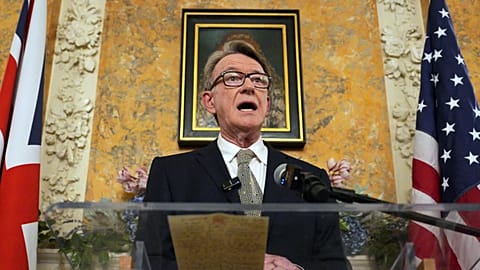 Britain's Ambassador to the United States Peter Mandelson speaks at the ambassador's residence in Washington, 26 February, 2025