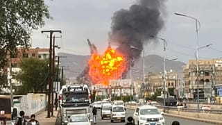 Flames and smoke rise following Israeli air strikes in Sanaa, 10 September, 2025