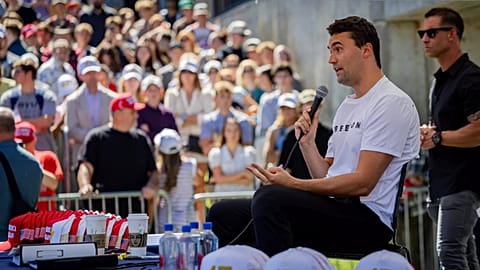 Charlie Kirk speaks before he is shot during Turning Point's visit to Utah Valley University in Orem, Utah, Wednesday, Sept. 10, 2025. 