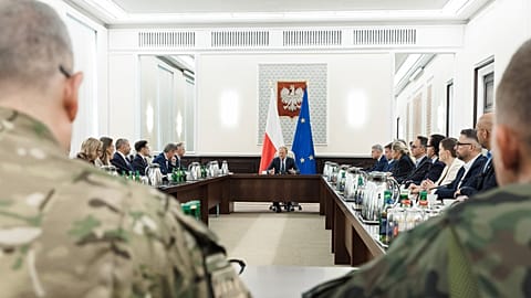 Polish Prime Minister Donald Tusk holds a meeting at the chancellery in Warsaw on Sept. 10, 2025, following violations of Polish airspace during a Russian attack.