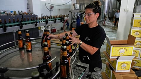 Nadin Khoury packs Taybeh beer products on a production line of the family's Palestinian Taybeh Brewery Co. in the West Bank town of Taybeh. 6 Sept. 2025.