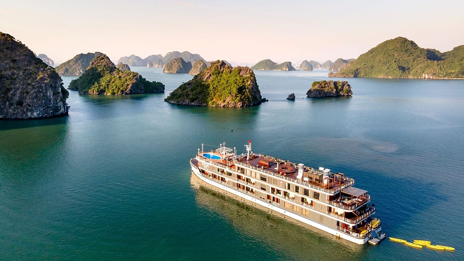 Aerial view of a cruise ship on the ocean