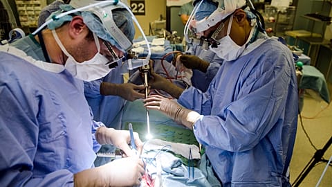 Dos doctores visualizan el tumor de un paciente en monitores mientras realizan una cirugía