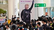 A banner depicting U.S. President Donald Trump is seen at the arrival terminal of the Incheon International Airport, in Incheon, South Korea, Friday, Sept. 12, 2025.