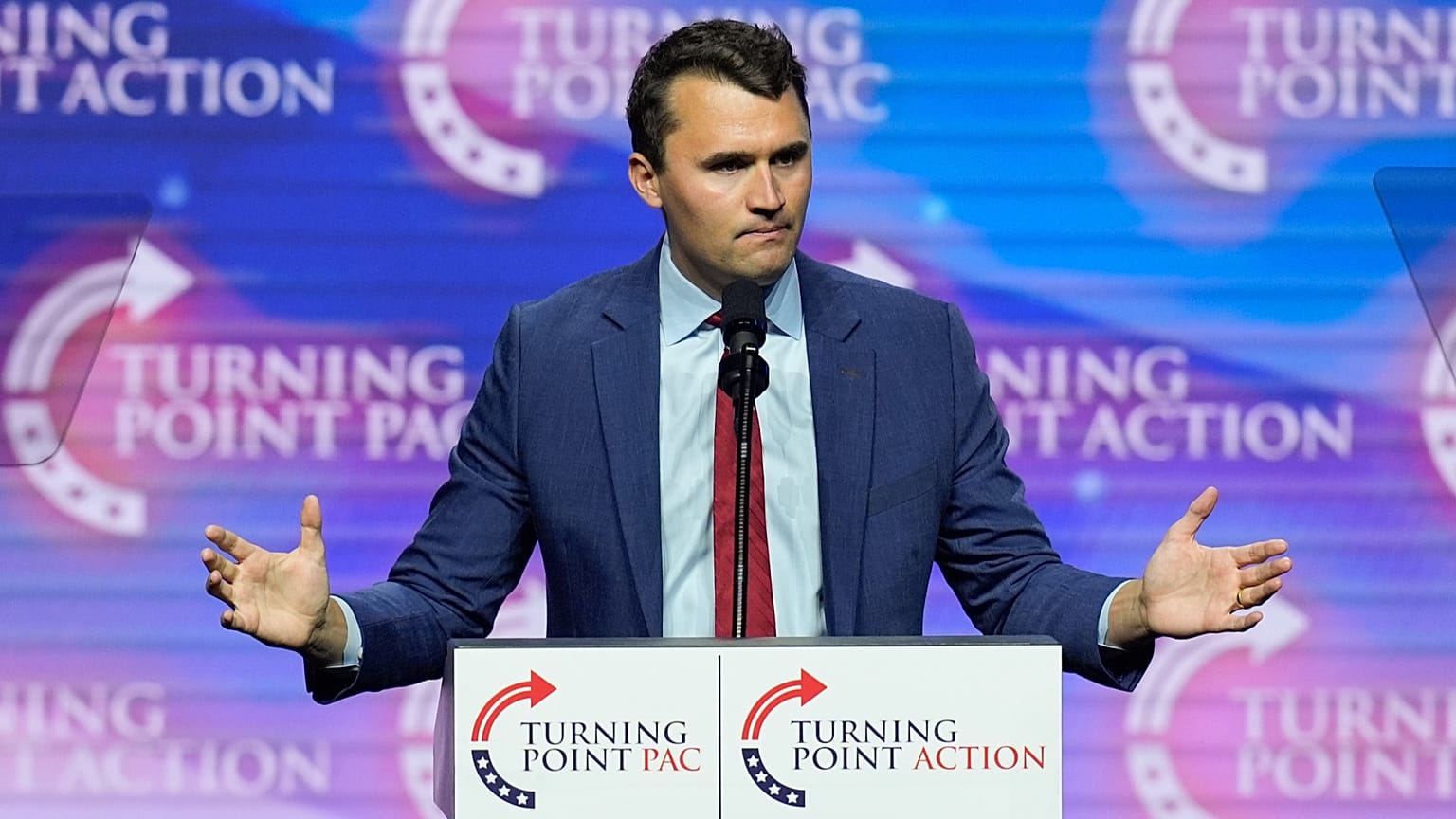 Turning Point USA Founder Charlie Kirk speaks during a campaign rally, Oct. 24, 2024, in Las Vegas. 