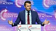 Turning Point USA Founder Charlie Kirk speaks during a campaign rally, Oct. 24, 2024, in Las Vegas. 