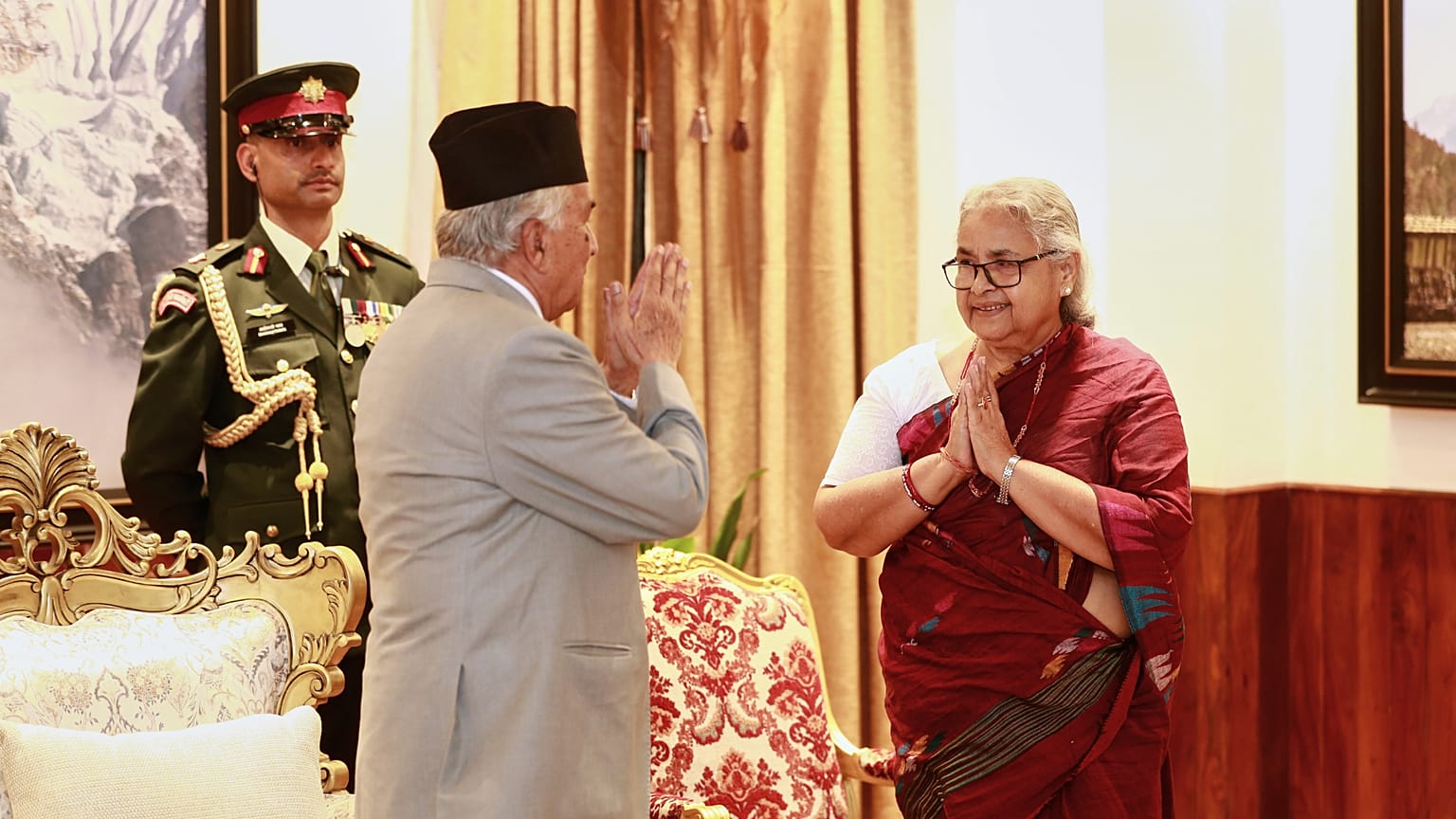 Sushila Karki greets Nepalese President Ram Chandra Poudel after taking the oath as interim prime minister in Kathmandu, Nepal, Friday, Sept. 12, 2025. 