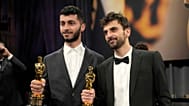 Basel Adra, left, and Yuval Abraham, winners of the Oscar for best documentary feature film for "No Other Land," in Los Angeles, March 2, 2025.
