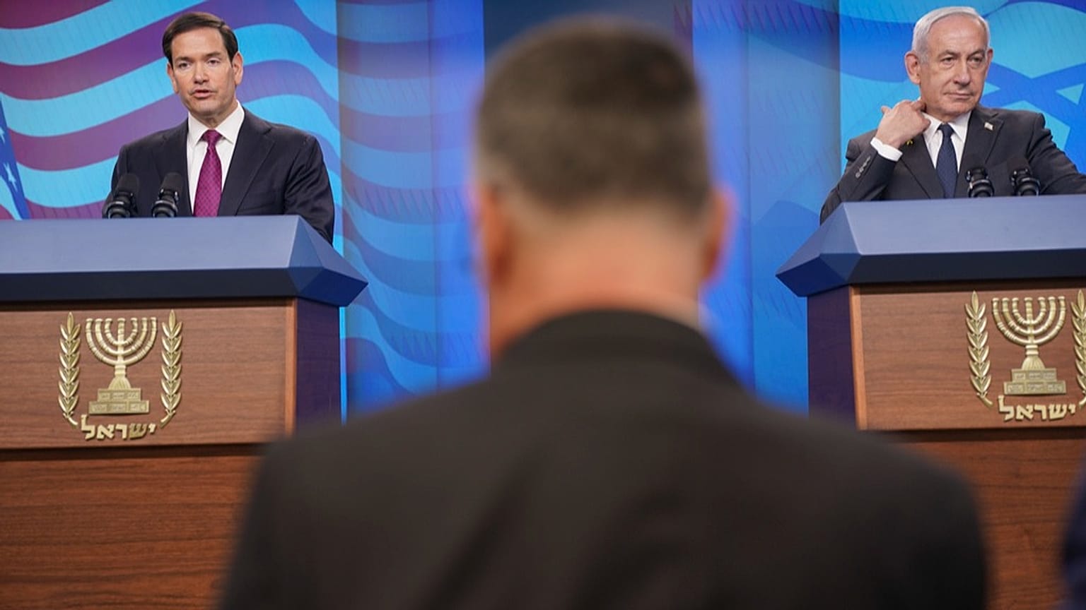 Benjamin Netanyahu and US Secretary of State Marco Rubio hold a joint press conference at the Prime Minister's Office, in Jerusalem, Monday, Sept. 15, 2025
