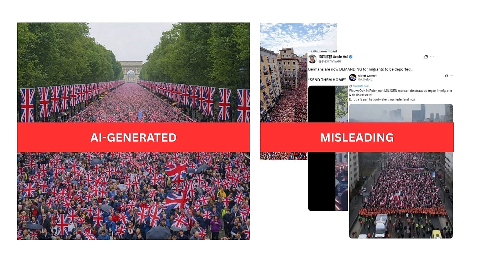 Immagini generate dall'intelligenza artificiale sono state condivise sui social per suggerire che le proteste dell'estrema destra a Londra si stanno diffondendo in Europa