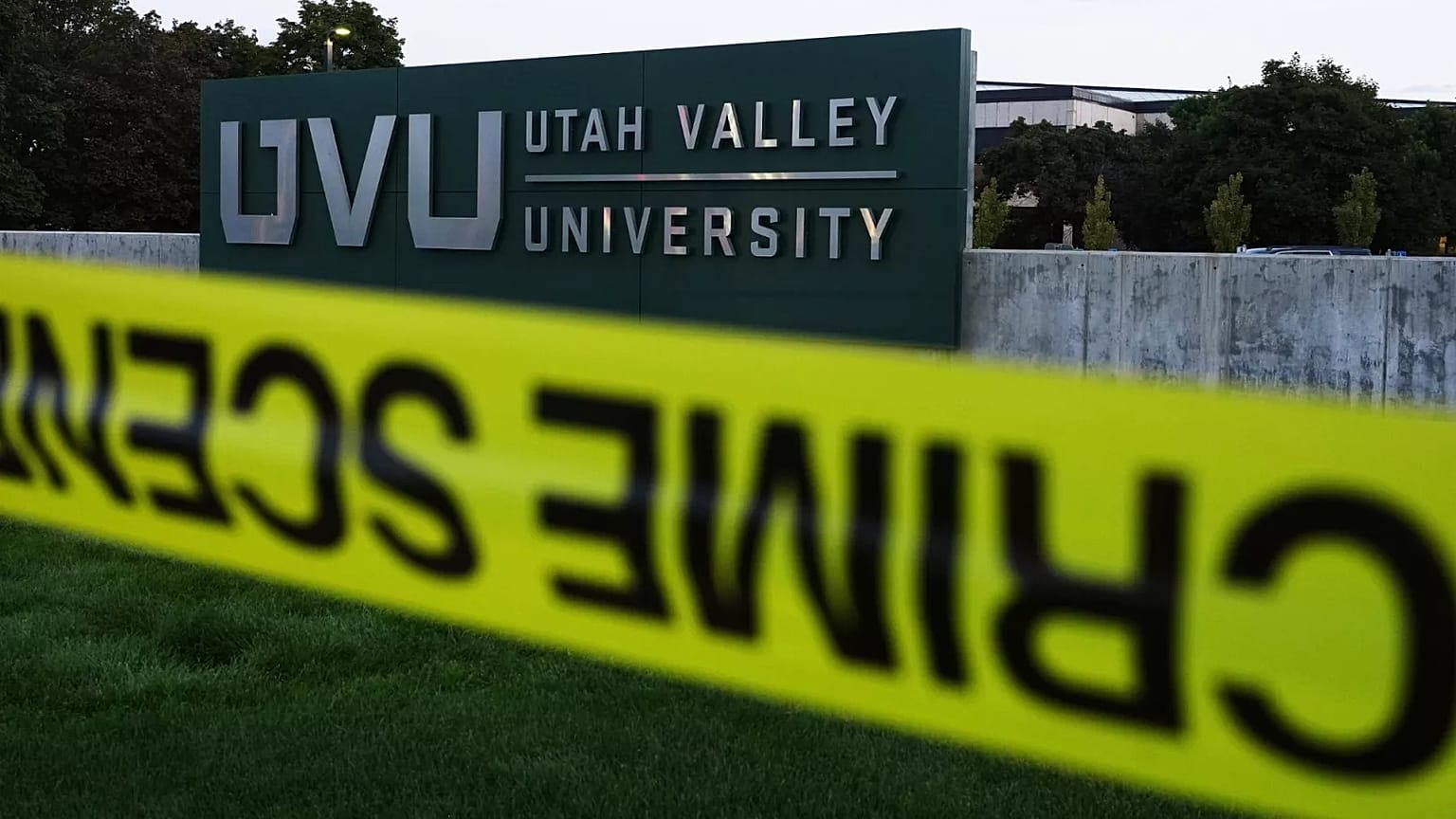Crime scene tape surrounds Utah Valley University after Turning Point USA CEO and co-founder Charlie Kirk was shot and killed, 13 September, 2025