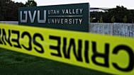 Crime scene tape surrounds Utah Valley University after Turning Point USA CEO and co-founder Charlie Kirk was shot and killed, 13 September, 2025